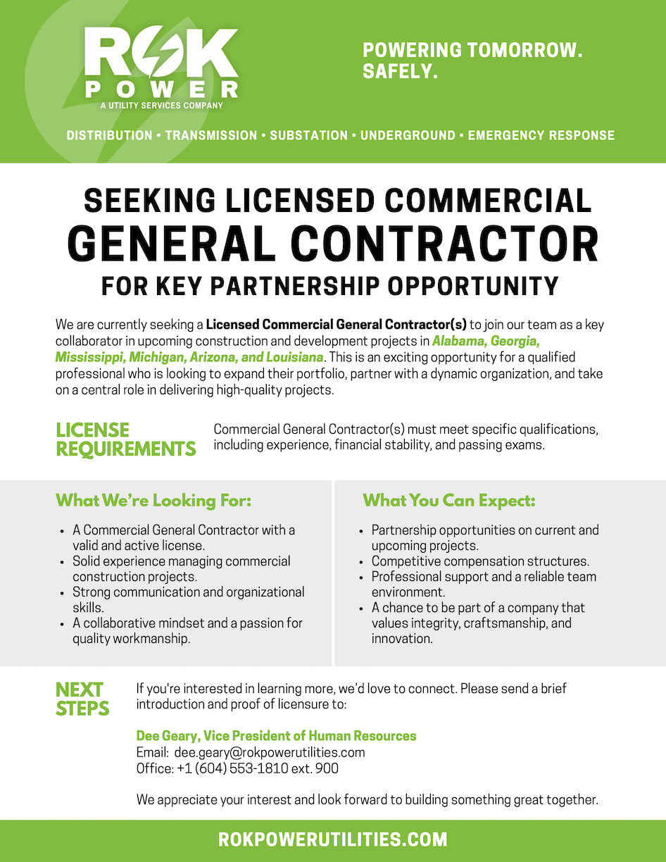 Click to learn how to partner with RokPower and CarterBrothers on upcoming utility construction projects. Flyer announcing RokPower and CarterBrothers’ call for licensed commercial general contractors to join utility infrastructure projects across multiple U.S. states.