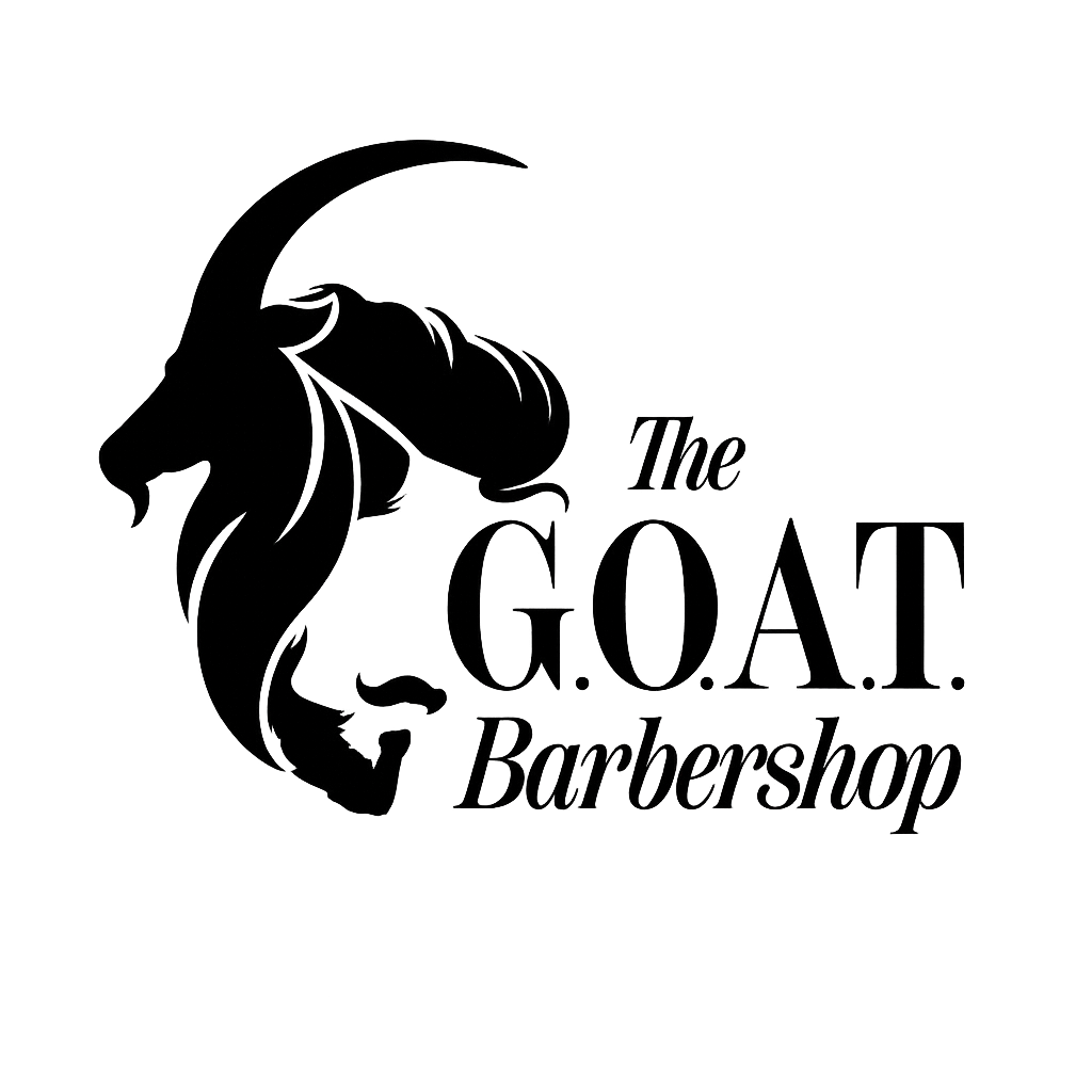 Black and white logo of a goat silhouette with a human beard, labeled "The G.O.A.T. Barbershop."