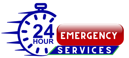 a 24 hour emergency services logo with a stopwatch