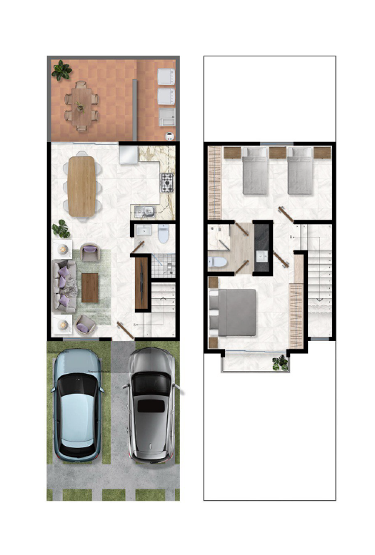 Un plano de una casa con un coche aparcado delante de ella.