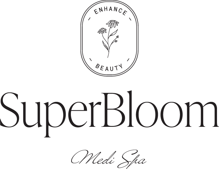 A black and white logo for a beauty salon called superbloom med spa.