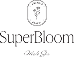 A black and white logo for a beauty salon called superbloom med spa.