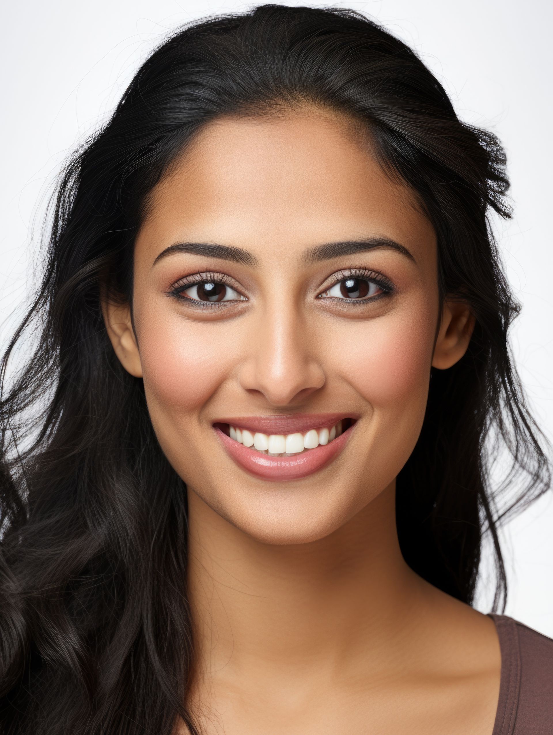 A woman with long dark hair is smiling for the camera