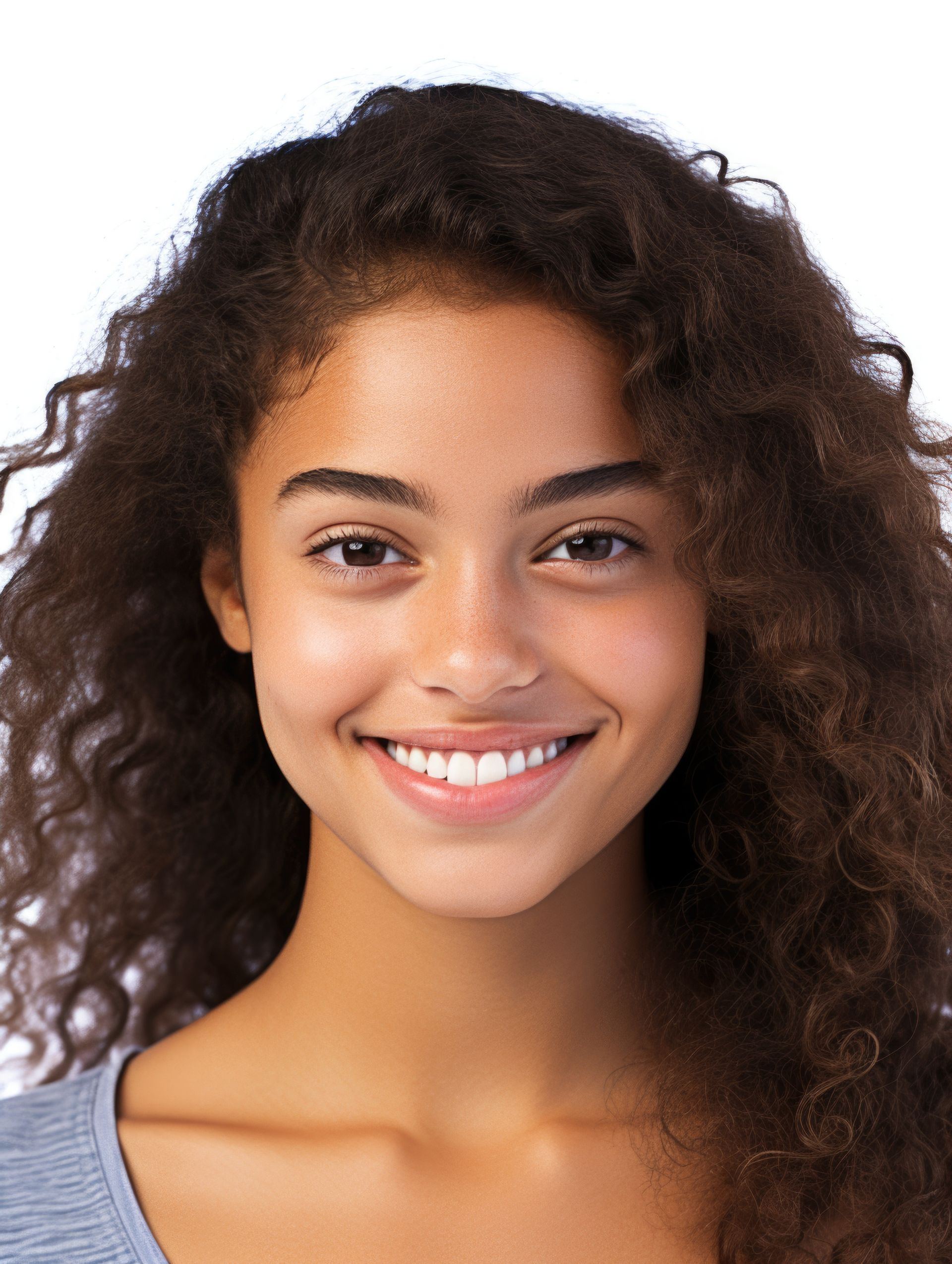 A young woman with curly hair is smiling for the camera.