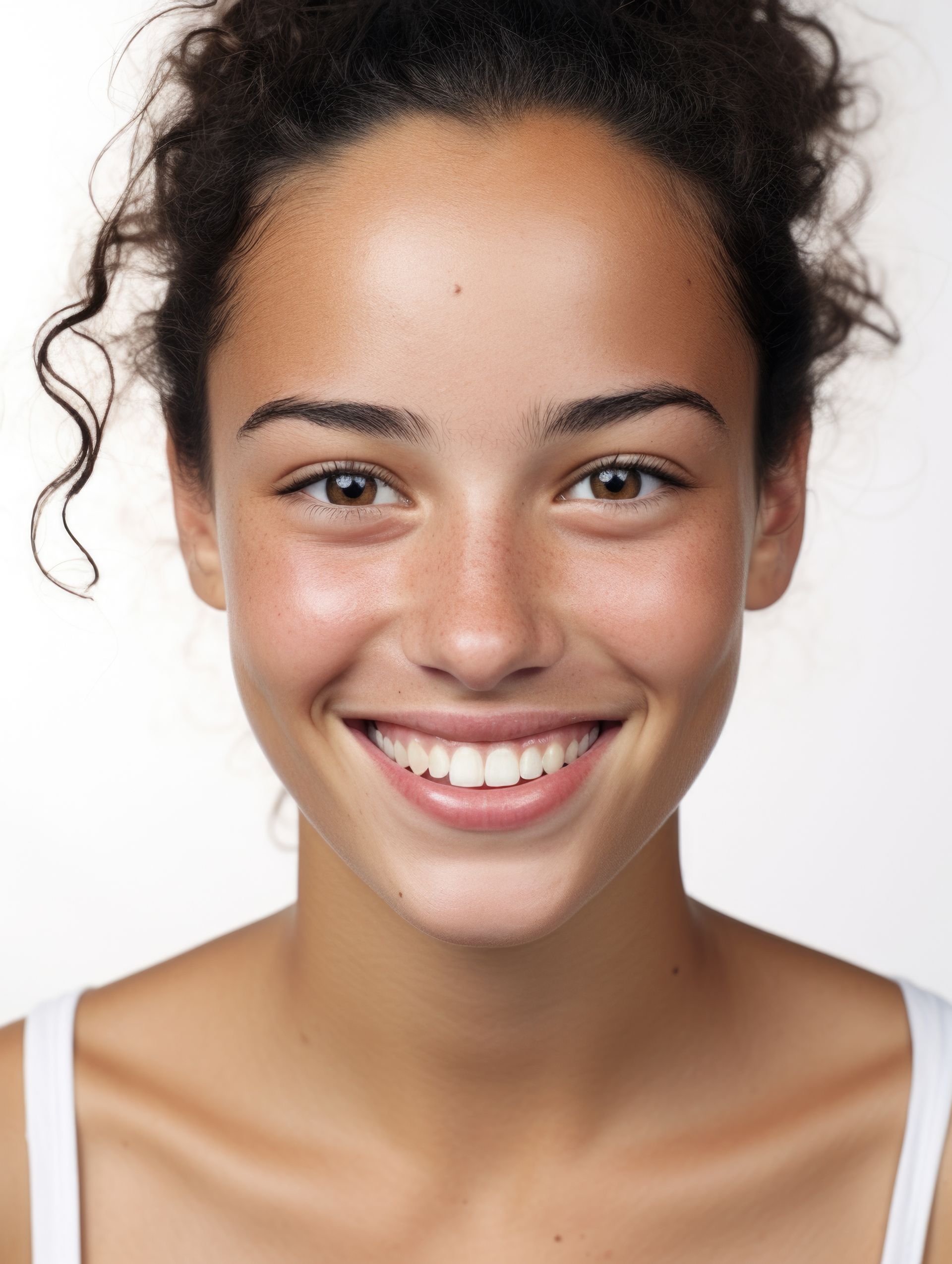 A woman with curly hair is smiling for the camera