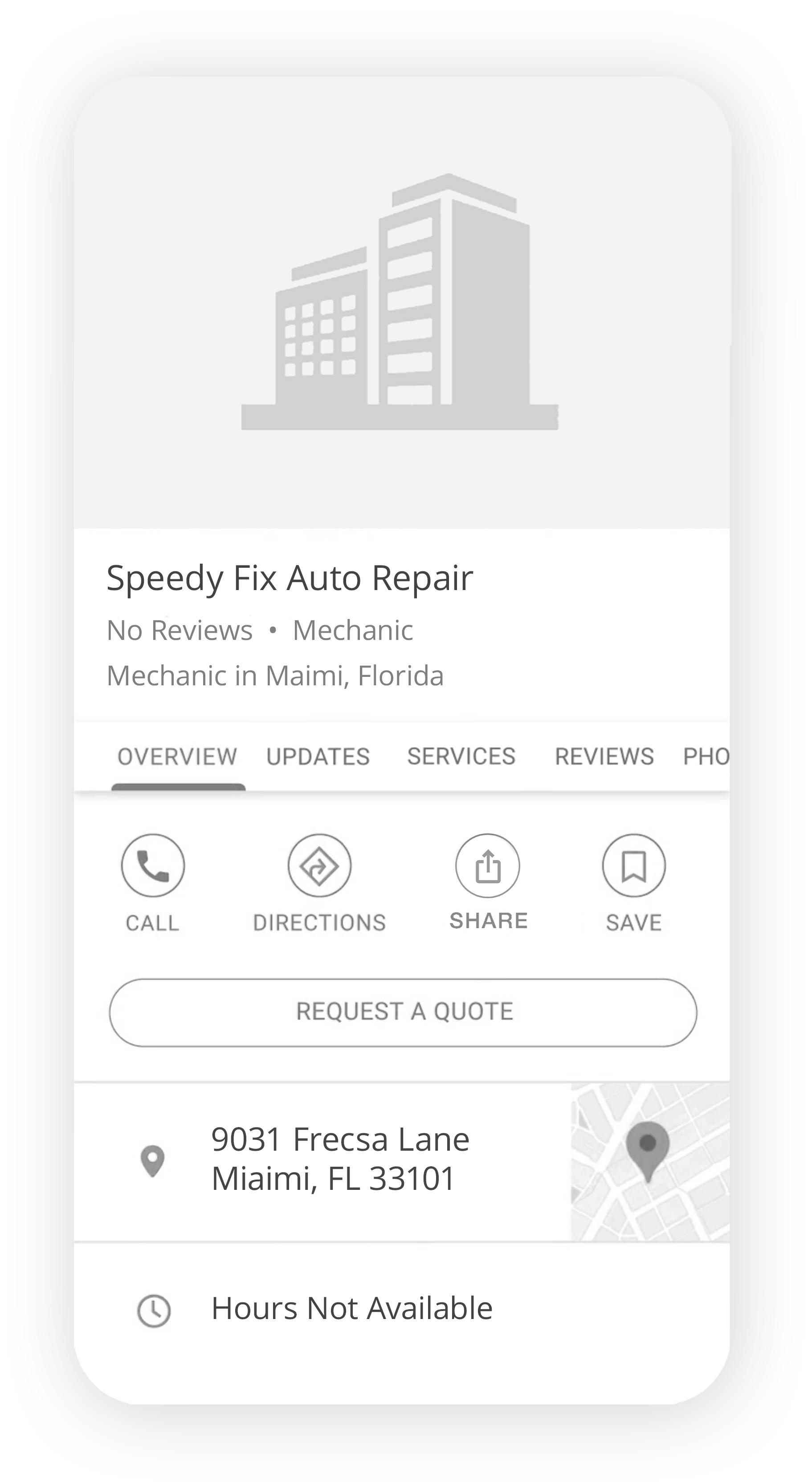 A phone screen shows a Google Business  Profile for speedy auto repair before optimization