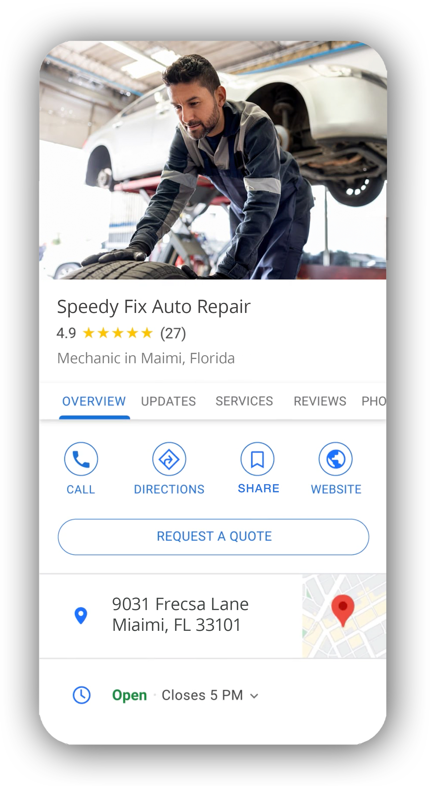 A phone screen shows a Google Business  Profile for speedy auto repair after optimization