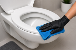 Person in yellow gloves spraying and wiping a white table with a blue cloth