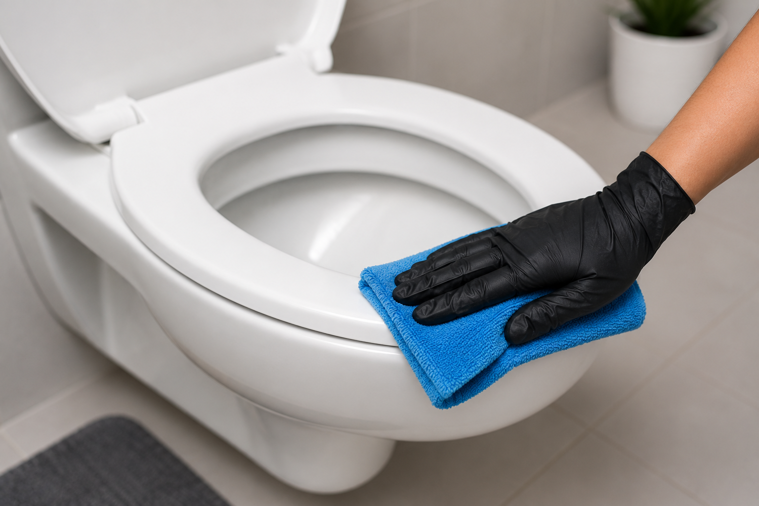 Yellow-gloved hand scrubbing a white toilet seat with a sponge