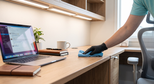 Person in green apron and blue gloves cleaning a keyboard with a spray bottle and cloth at a desk