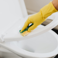 Yellow-gloved hand scrubbing a white toilet seat with a sponge