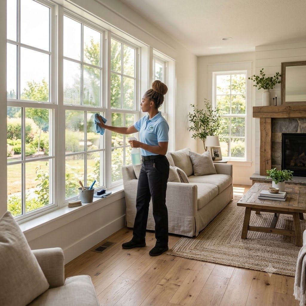 Woman vacuuming a living room with a black hose vacuum cleaner