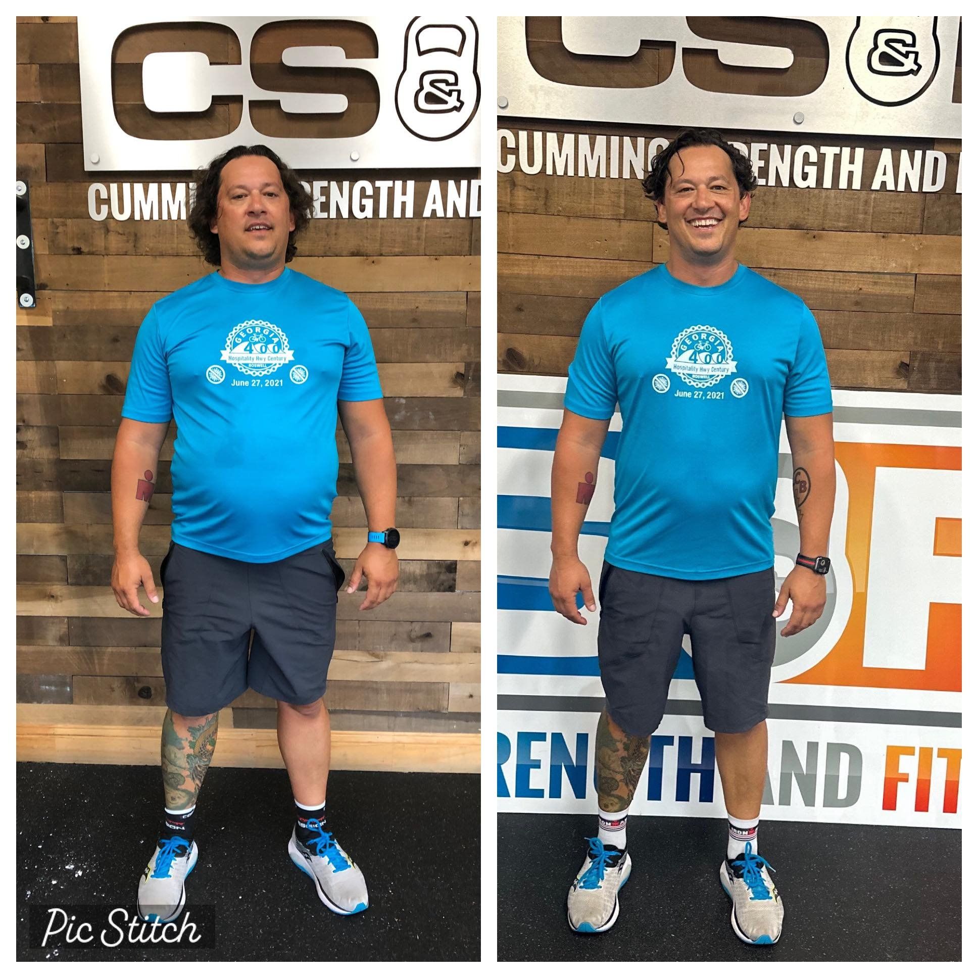 A before and after photo of a man in a blue shirt
