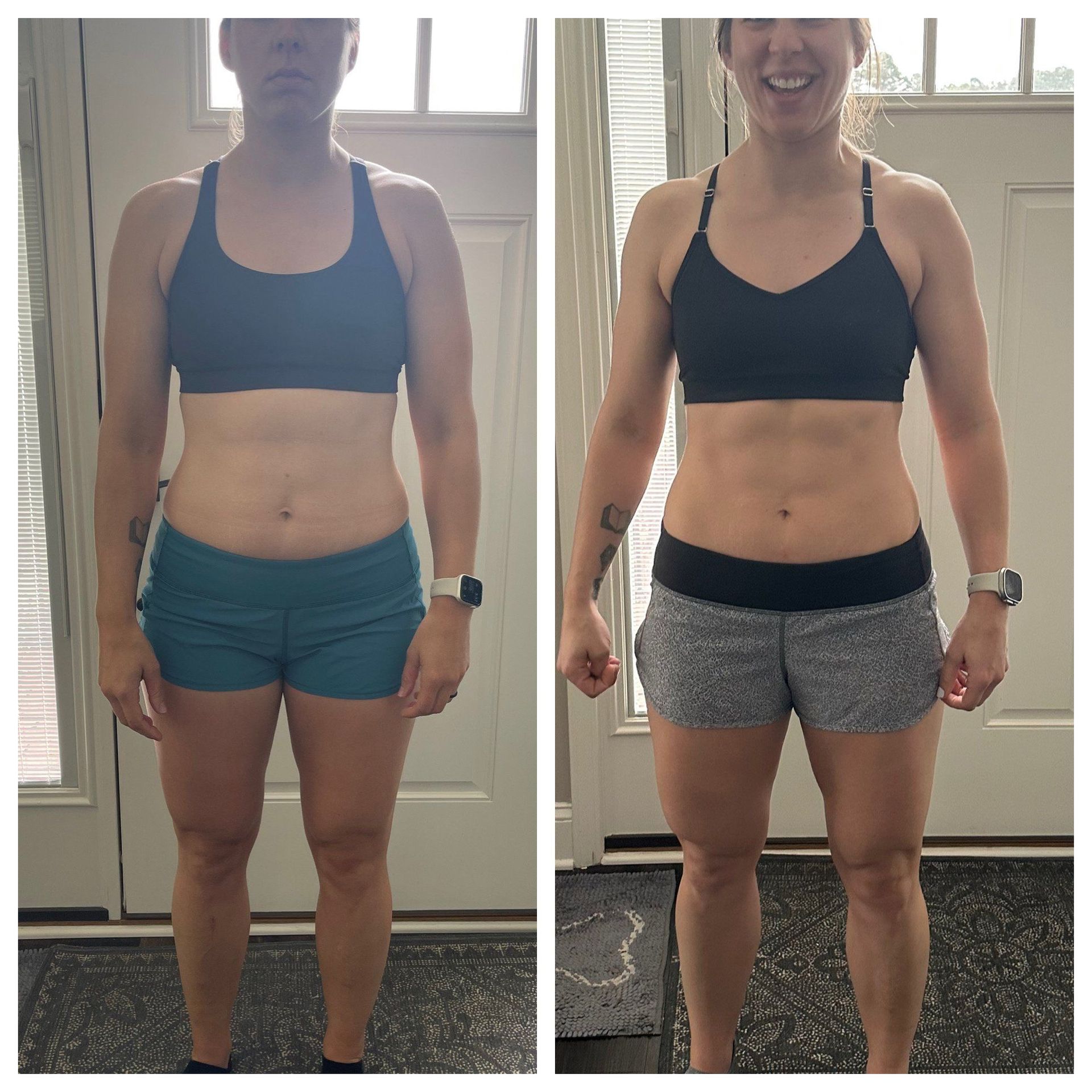 A before and after picture of a woman in a sports bra and shorts.