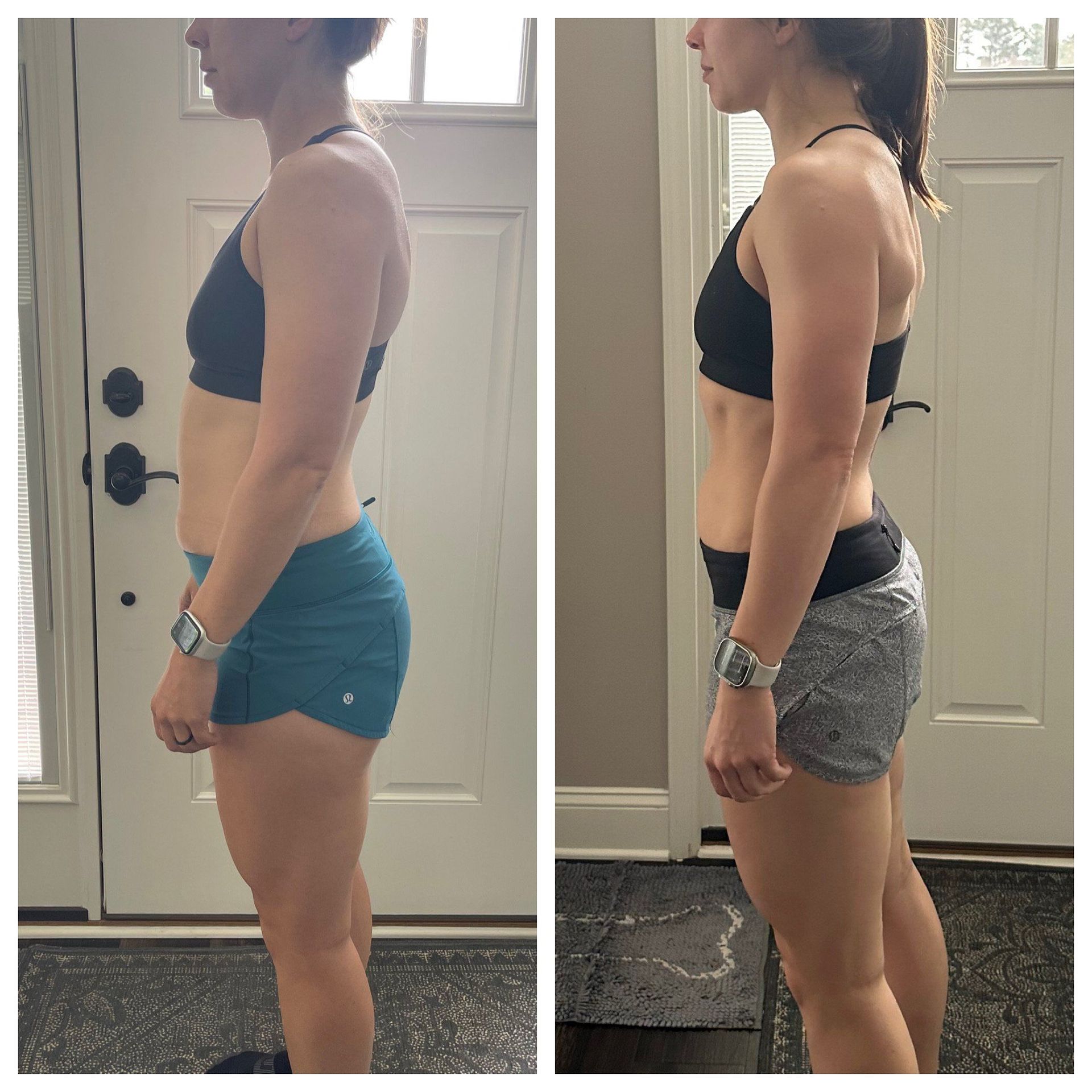 A before and after picture of a woman standing in front of a door.