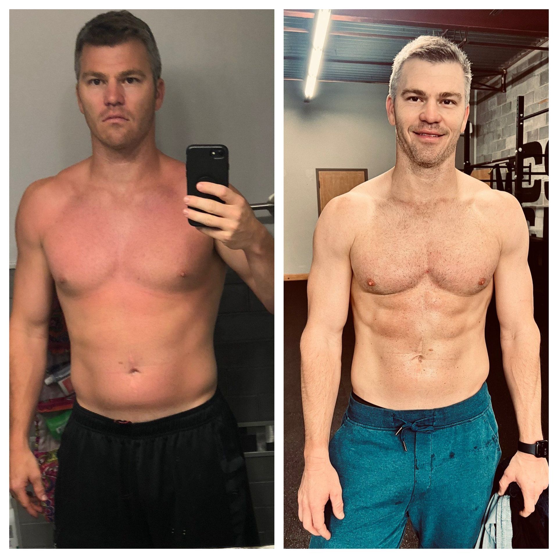 A before and after picture of a man taking a selfie in a mirror.