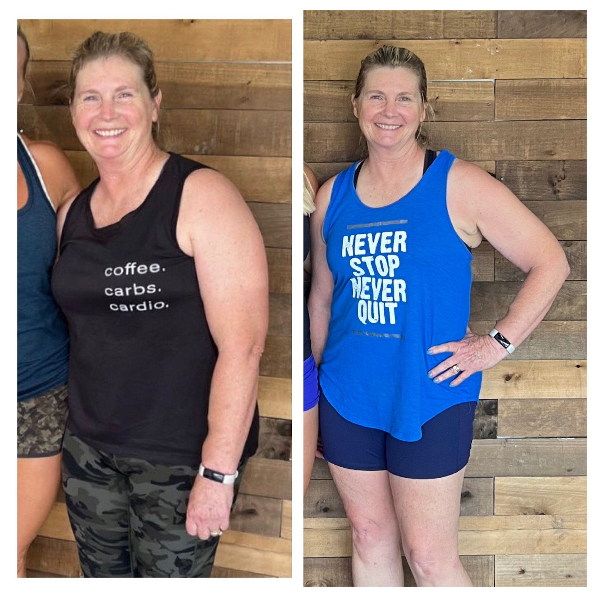 A woman is wearing a black tank top and a blue tank top that says `` never stop never quit ''.