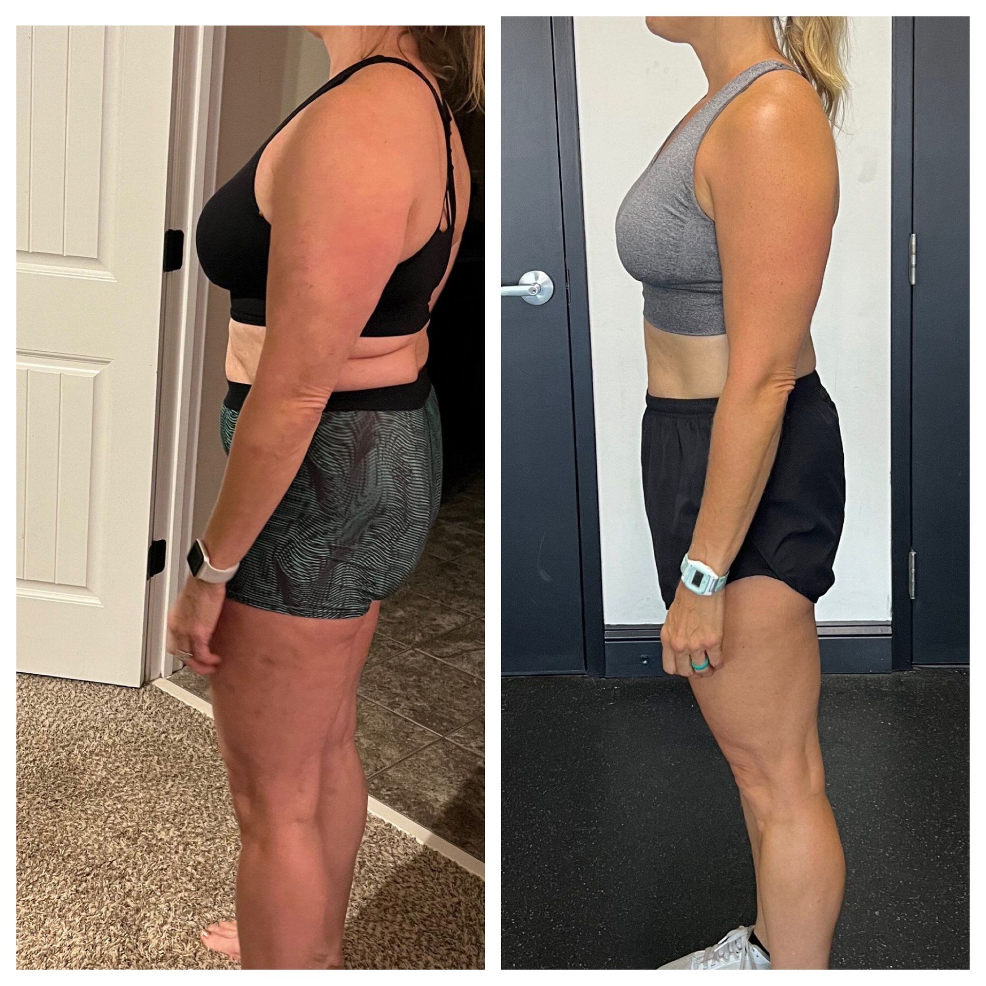 A before and after photo of a woman in a sports bra and shorts.