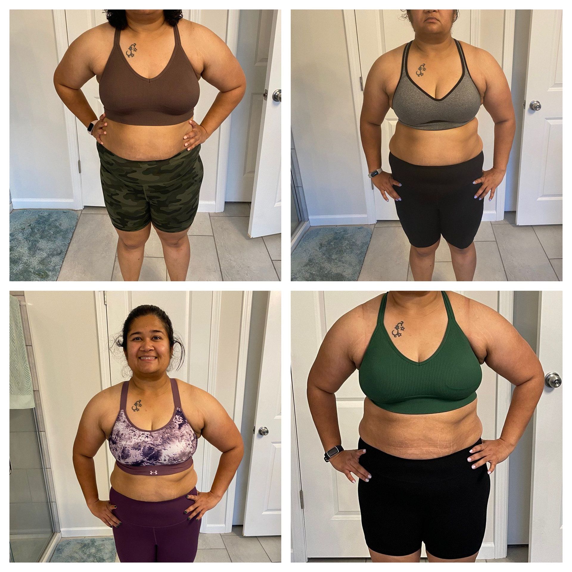 A collage of four pictures of a woman 's body before and after losing weight.