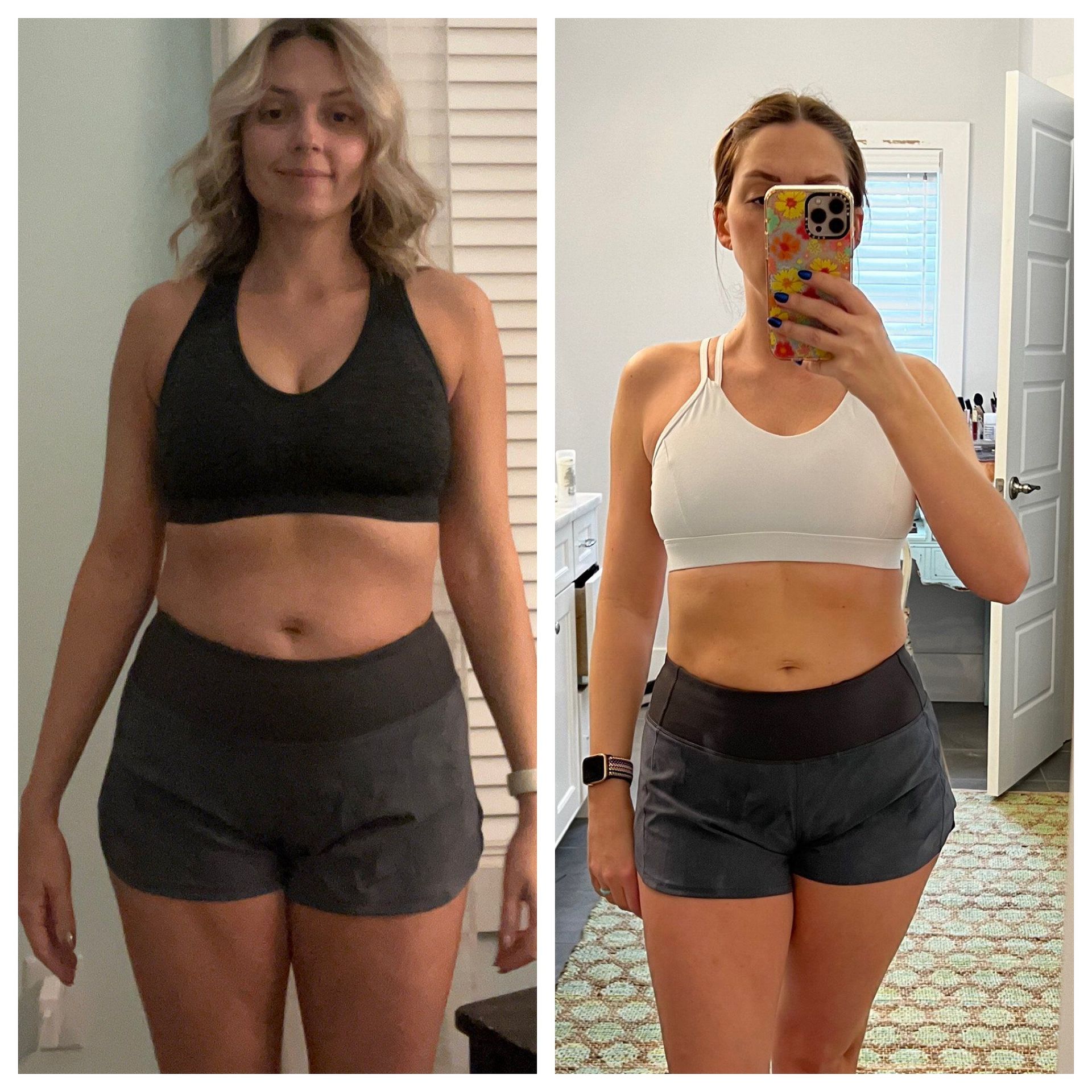 A woman is taking a picture of herself in the mirror before and after losing weight.