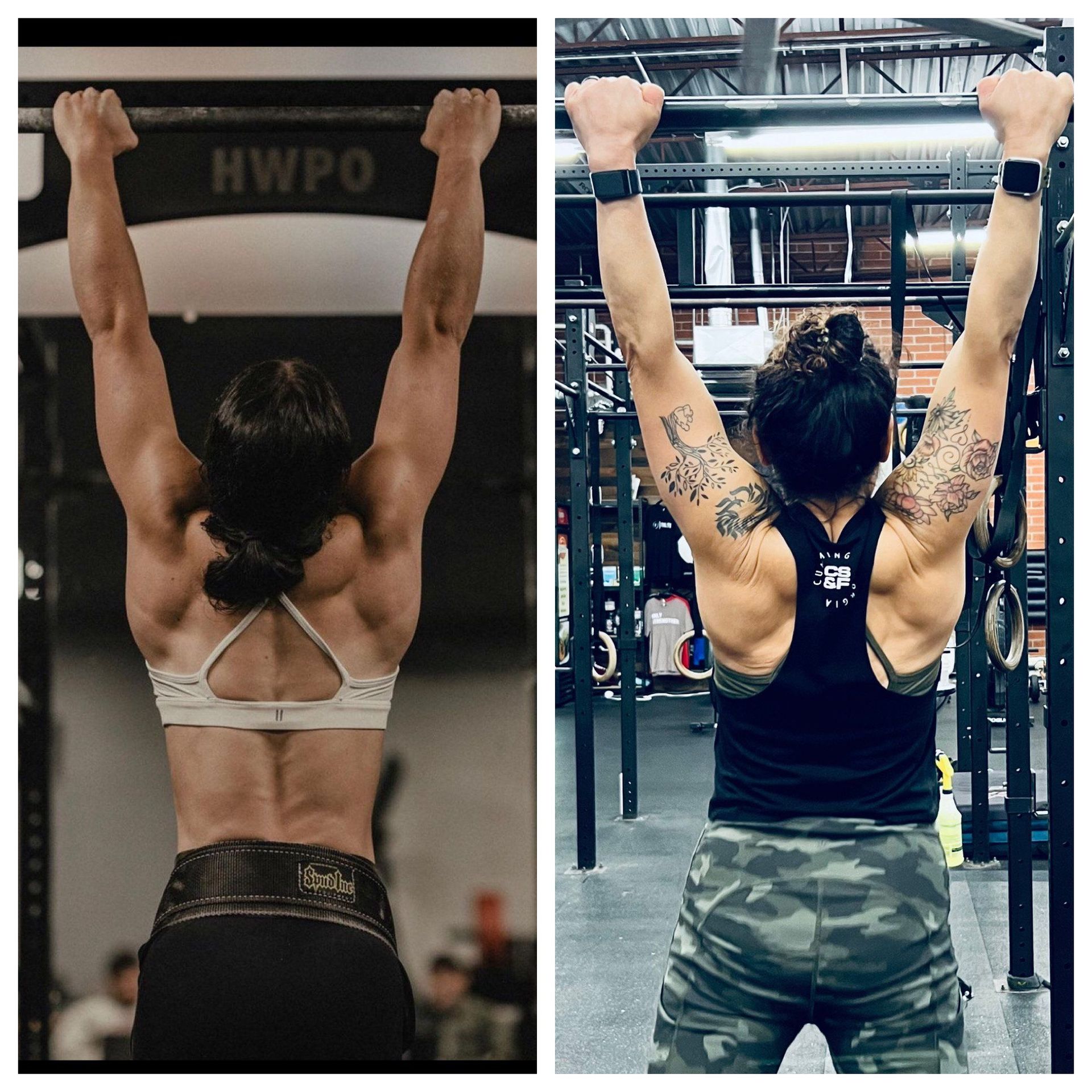 Two pictures of a woman doing pull ups in a gym.