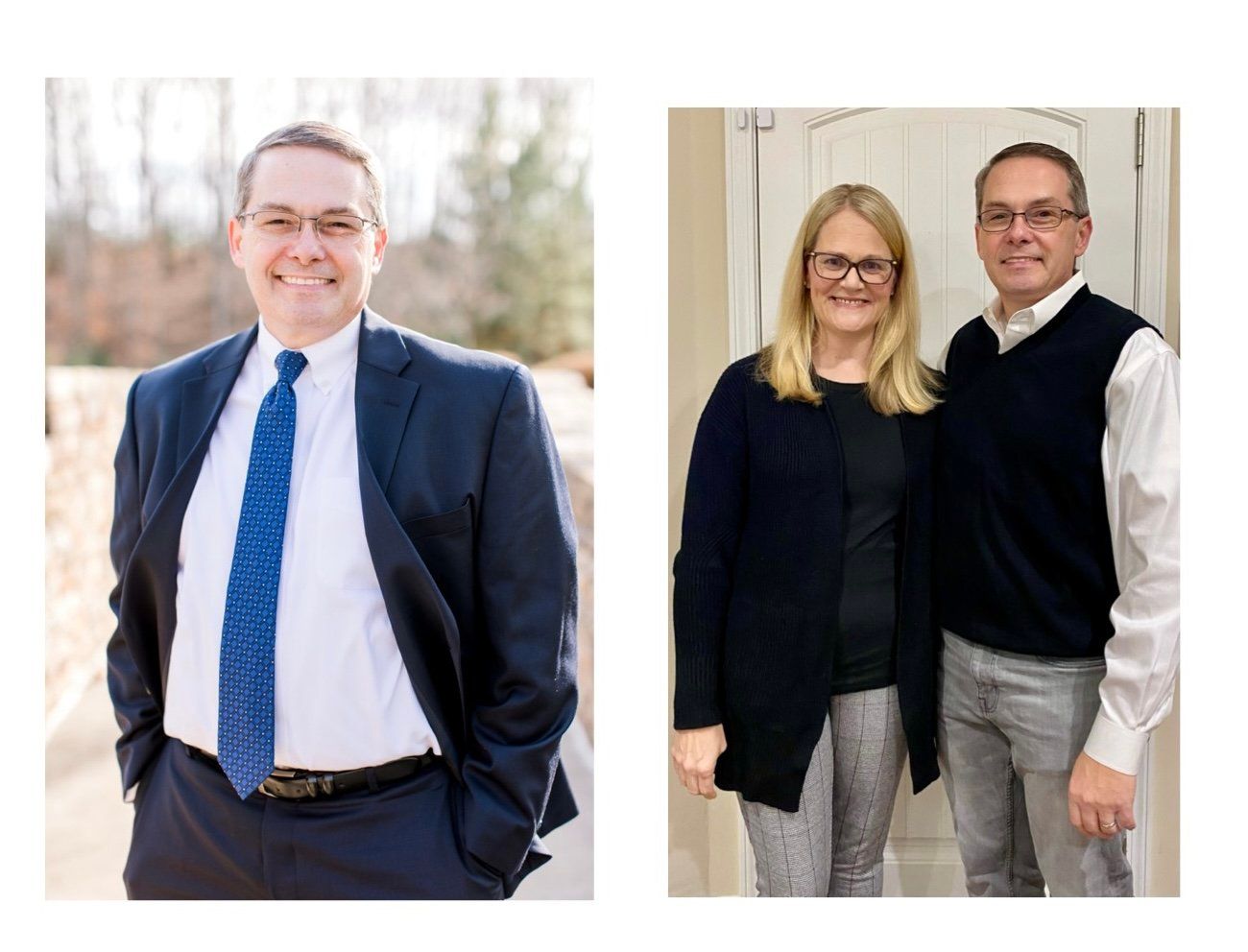 A man in a suit and tie and a woman in a black sweater are standing next to each other.