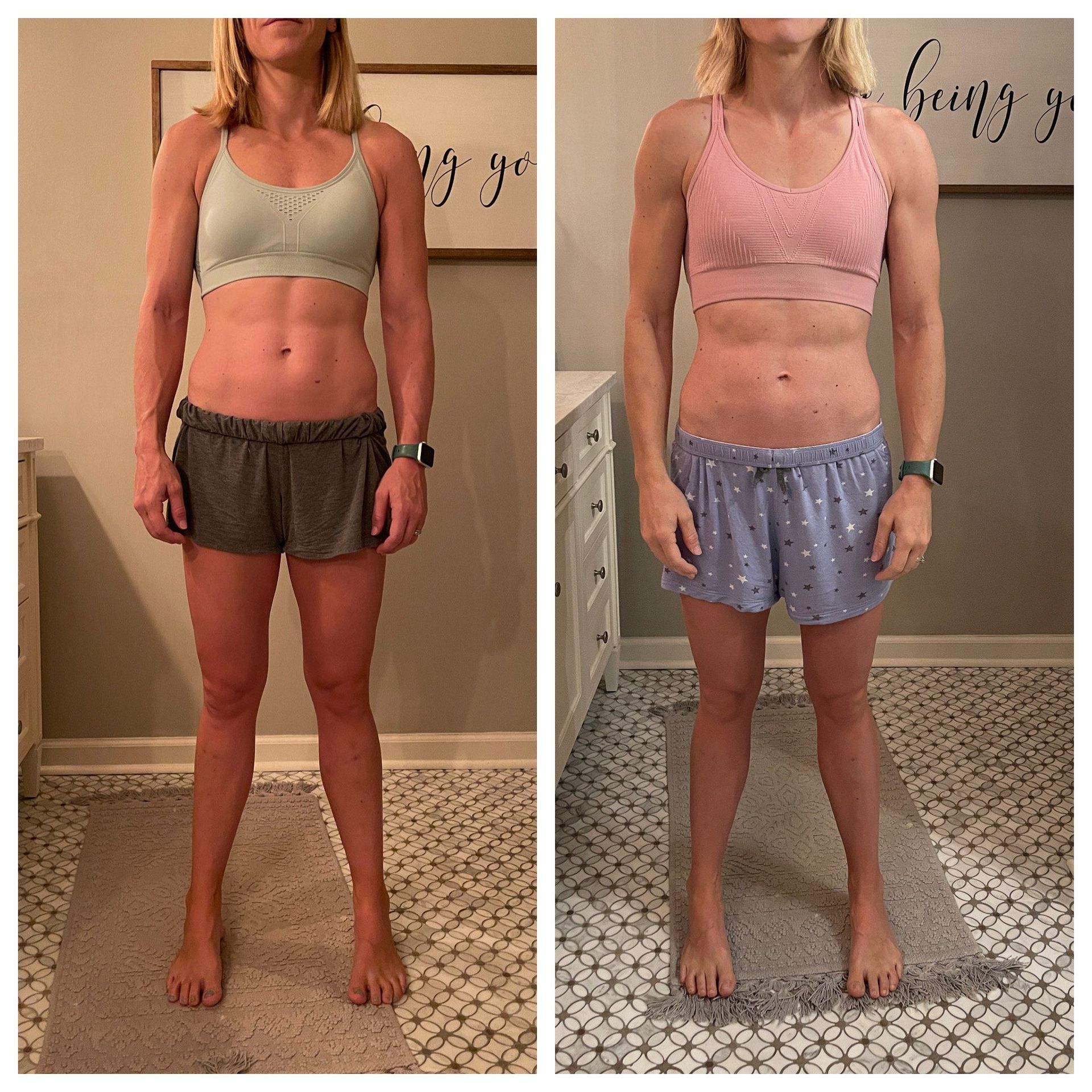 A before and after picture of a woman standing in a bathroom.
