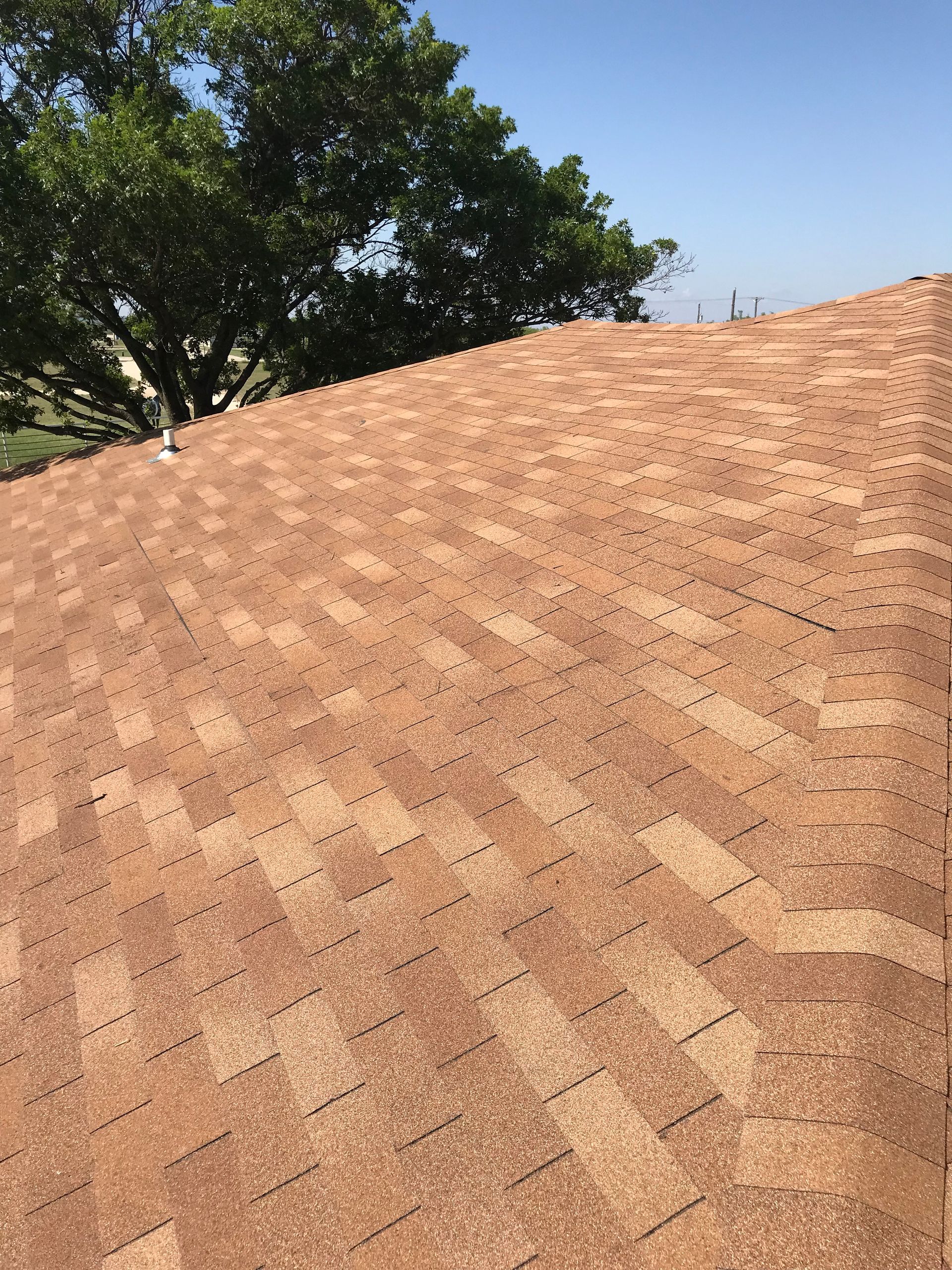 A close up of a roof with trees in the background
