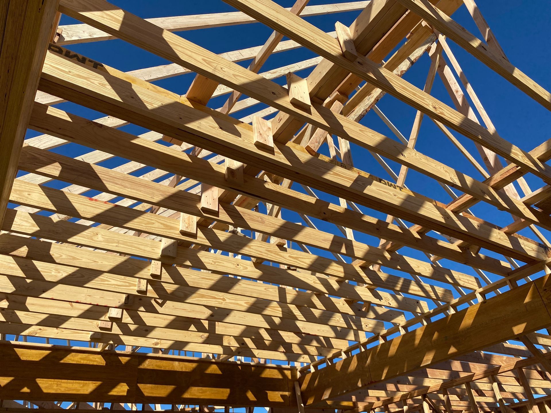 Looking up at the roof of a building under construction