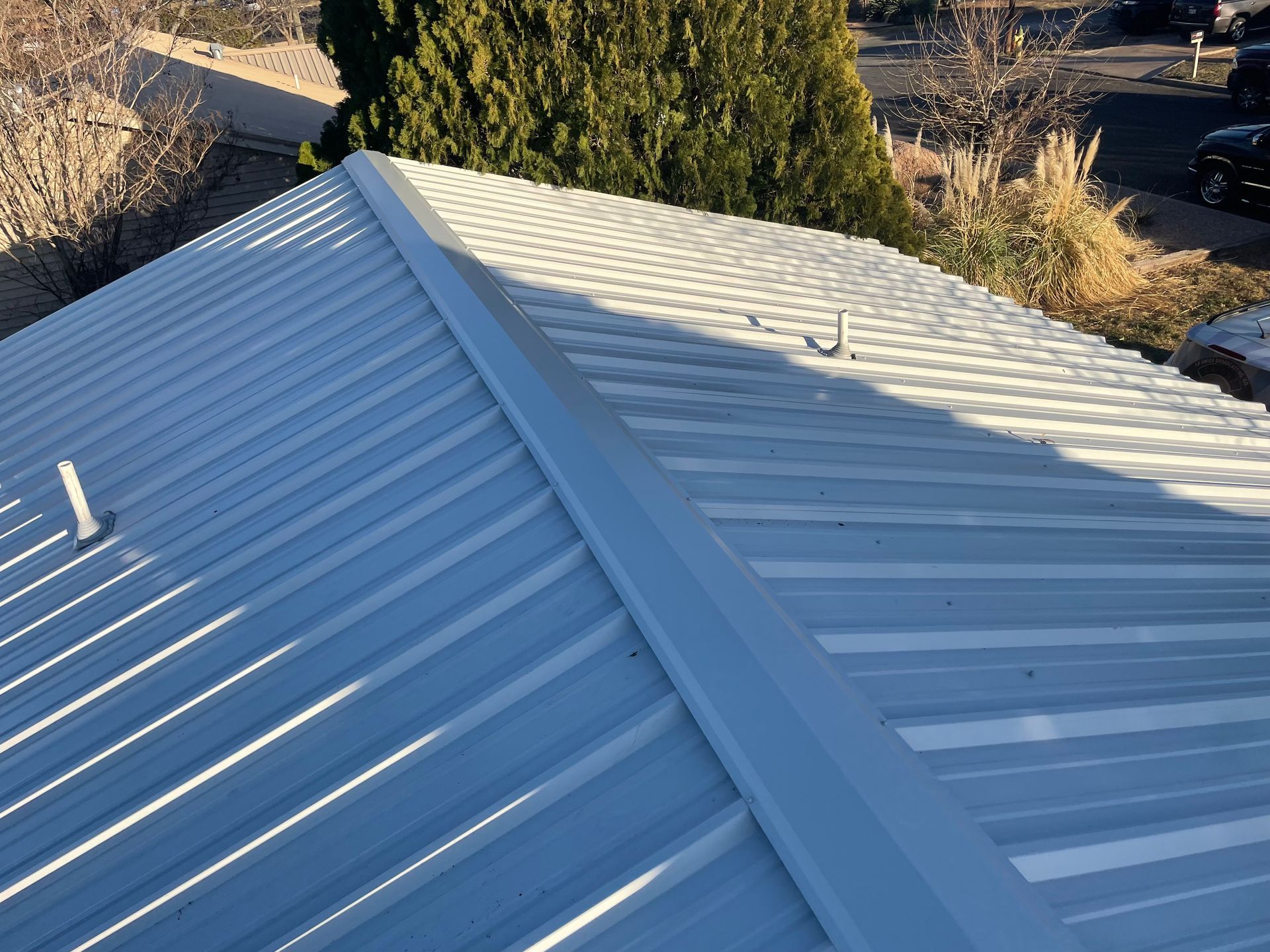 A white metal roof with a tree in the background.