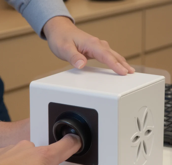 Person using a biometric scanner with a finger on the sensor, another hand above. White cube device.