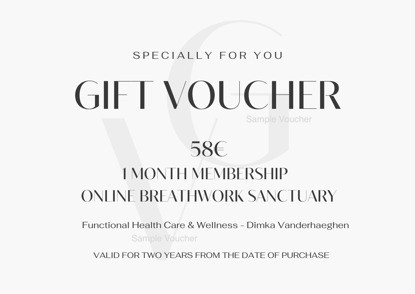 Gift voucher for 1-month online breathwork sanctuary membership, 58€, valid for two years.