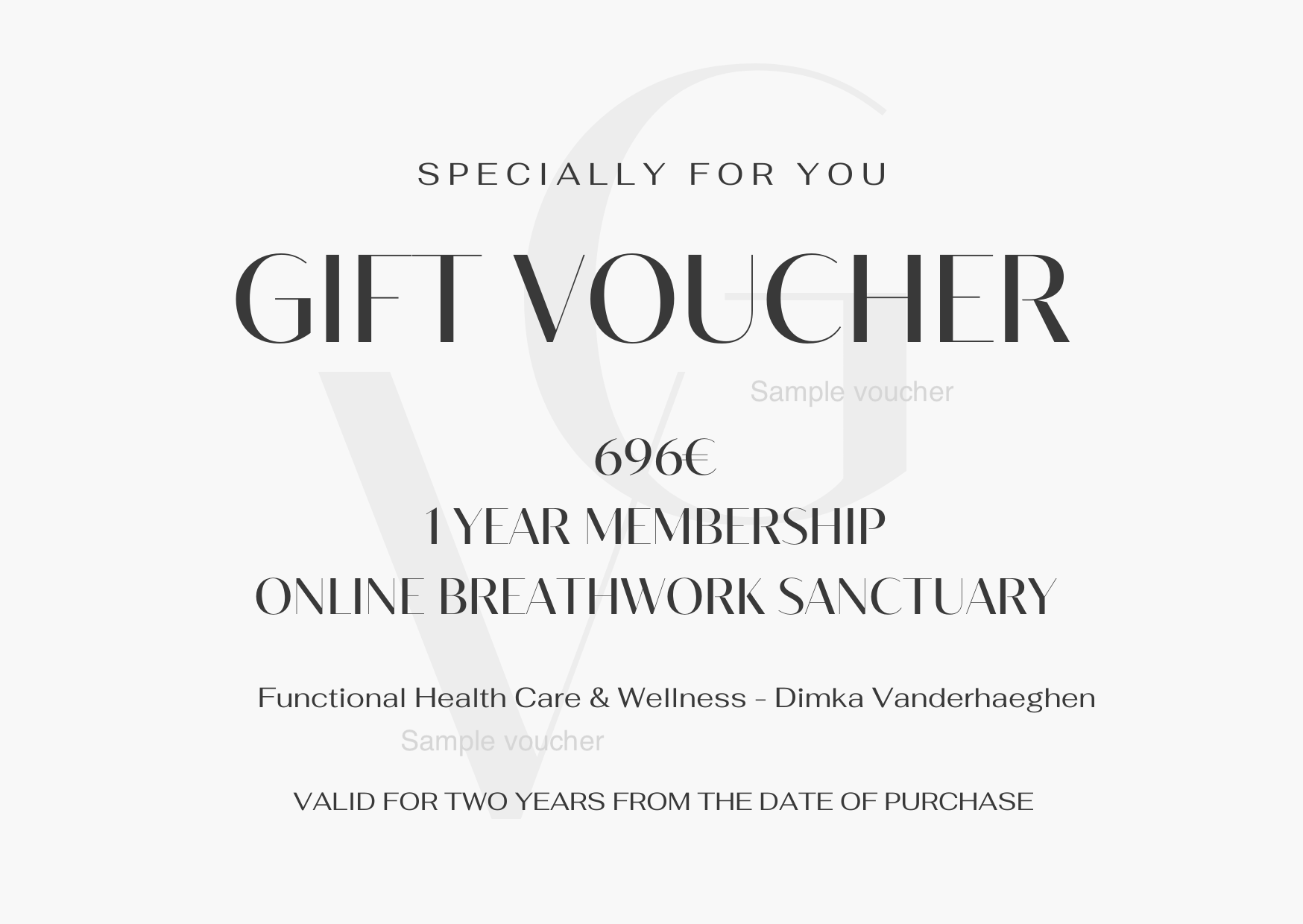 Gift voucher for a 1-year online breathwork sanctuary membership. Light gray background. Text:
