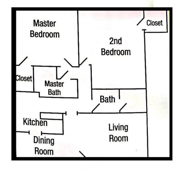 Floor plan of an apartment with a master bedroom, second bedroom, kitchen, dining room, living room, and two bathrooms.