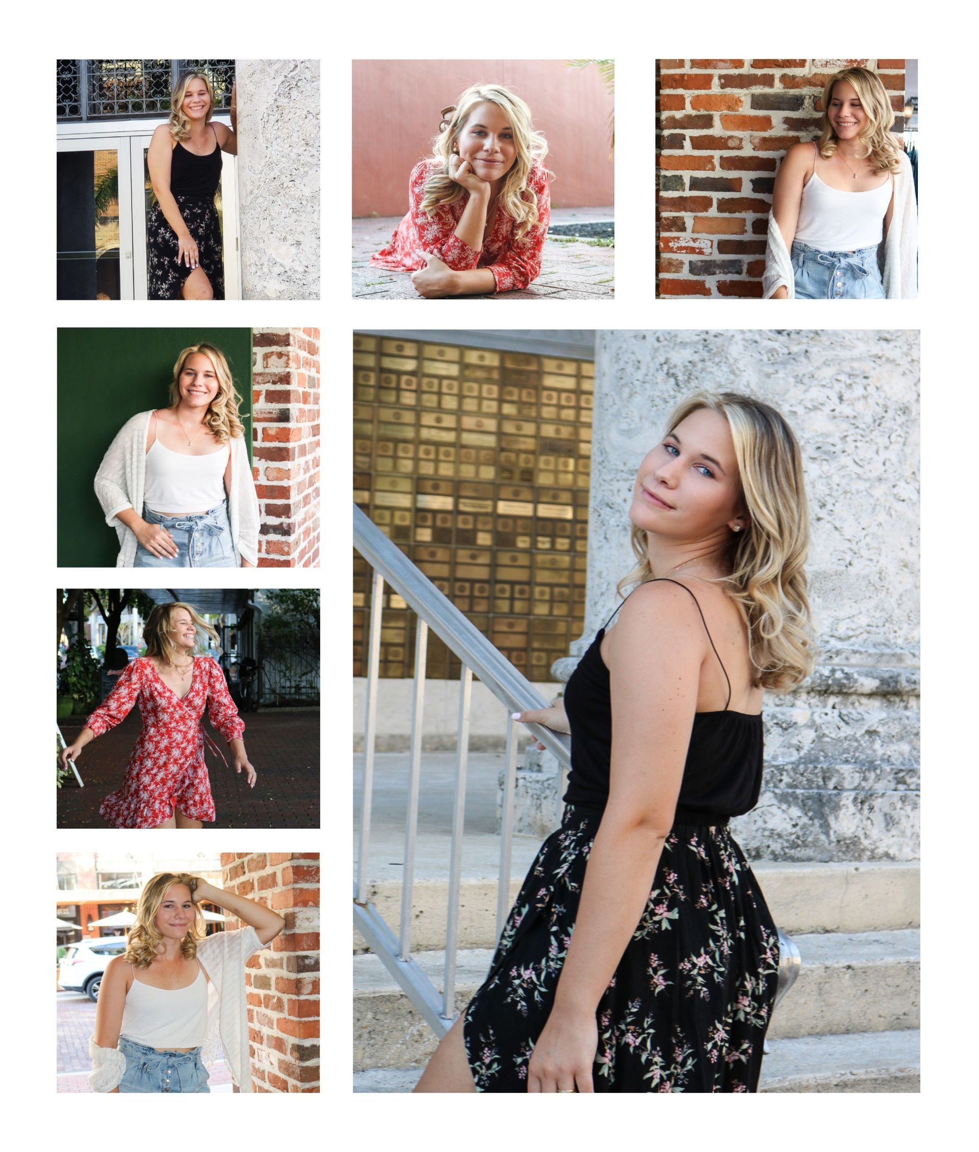 Woman in various poses, blonde hair, various outfits, outdoors, various backgrounds, smiling.