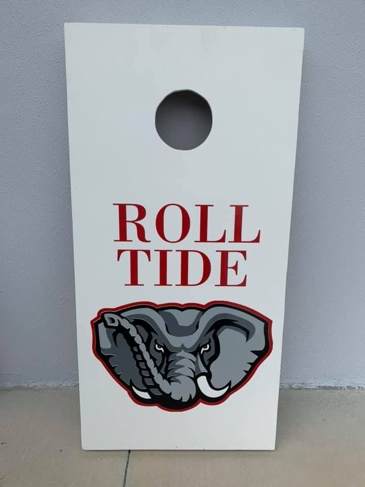 White cornhole board with 