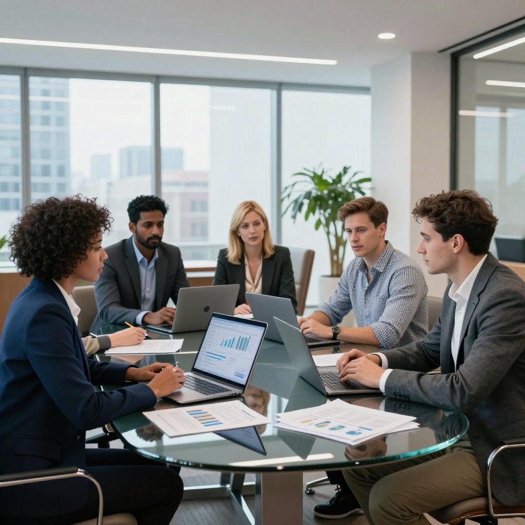 Business team around a table, looking at laptops and documents in a modern office.