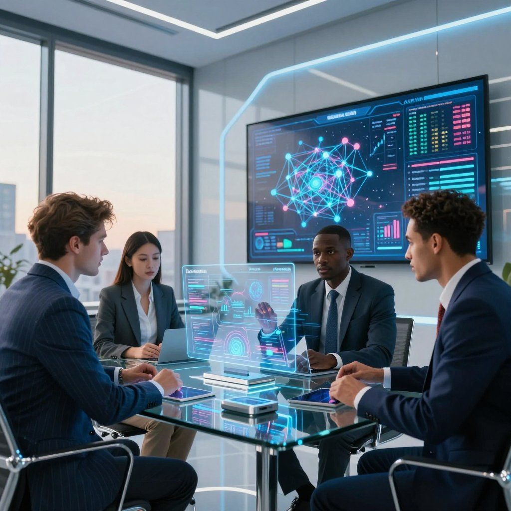 Business team in a modern conference room, looking at data on a large screen and holographic displays.