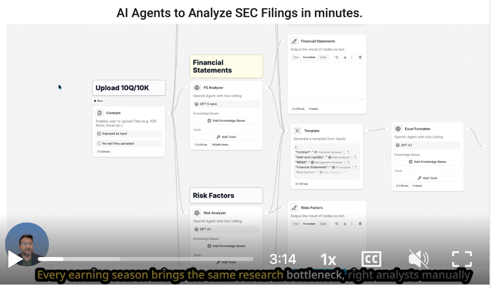 Screenshot demonstrating AI tools for SEC filing analysis. Includes a video player and workflow diagram.