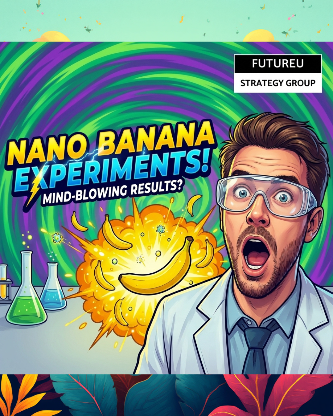 Scientist with goggles reacts to banana explosion illustration; colorful lab setting.