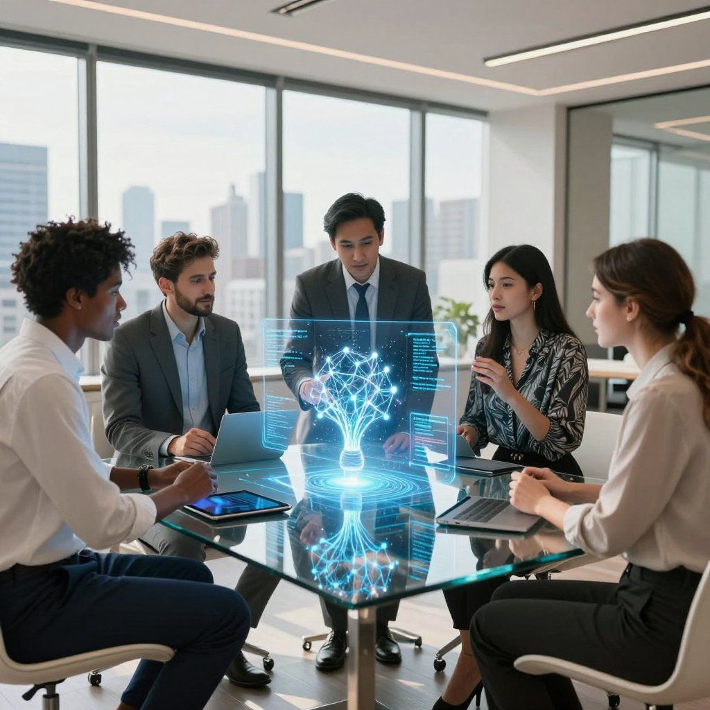 Business team around a table, viewing a holographic image. Cityscape visible through window.