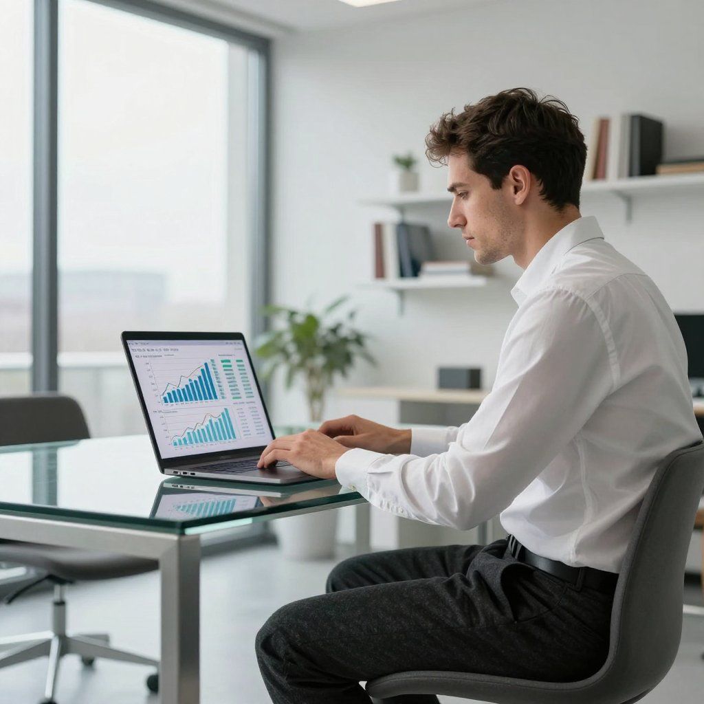 Man in white shirt working on laptop, viewing charts in a modern office.