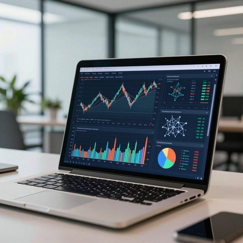 Laptop displaying financial charts and graphs on a desk in an office setting.