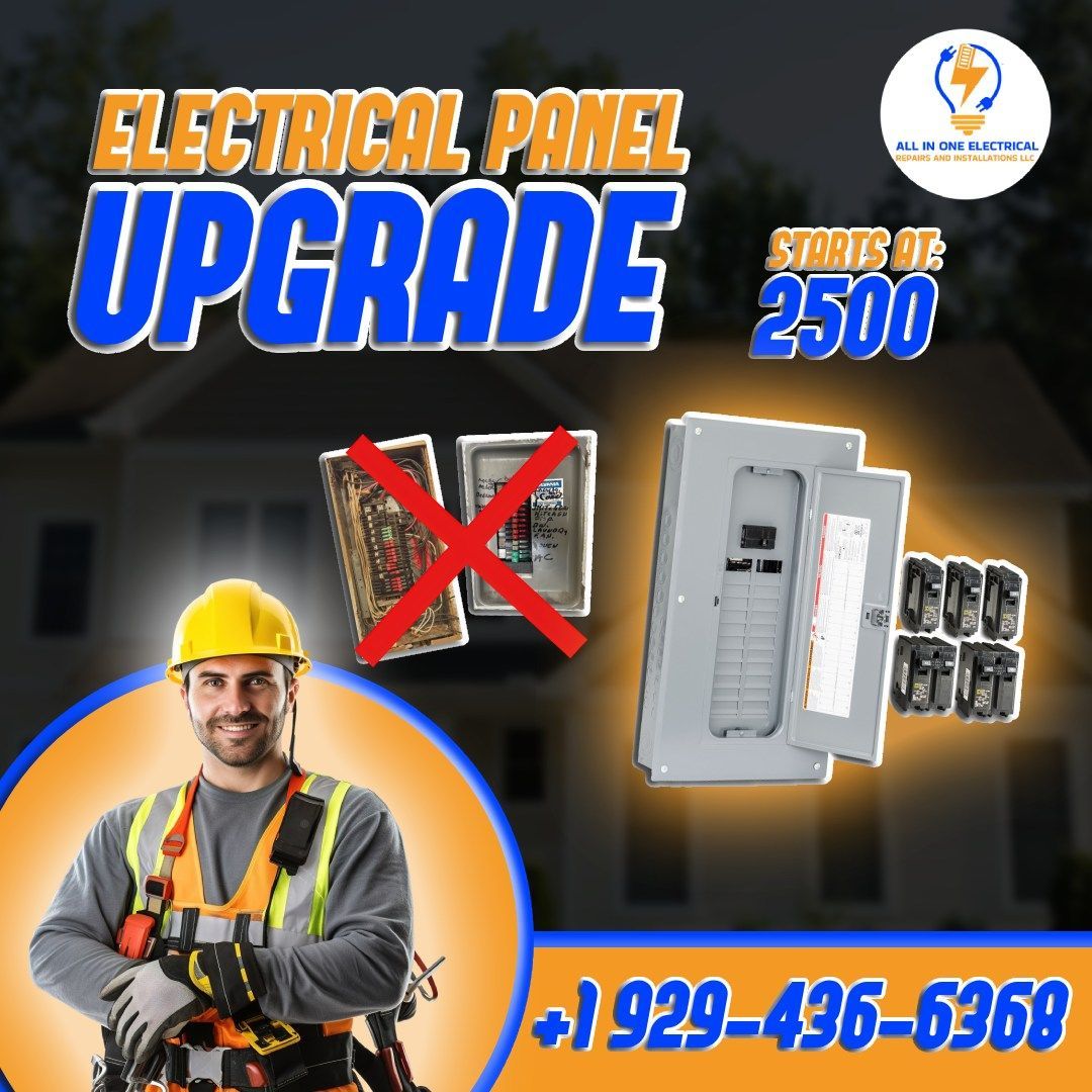 An advertisement for an electrical panel upgrade with a man in a hard hat.