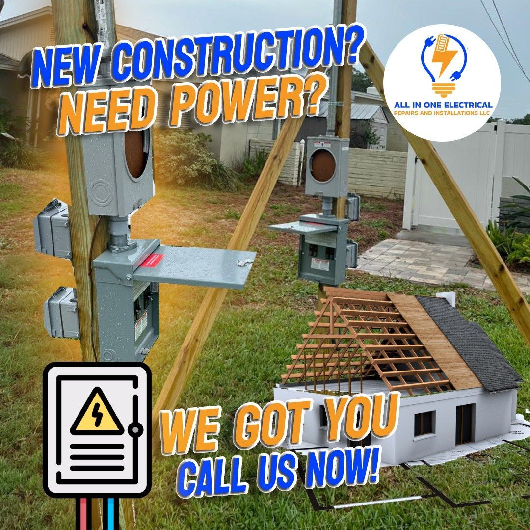 A sign that says new construction need power we got you call us now.