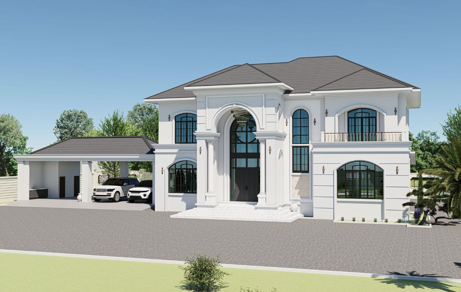 White mansion with arched doorway, car port, and two cars on a gravel driveway, under a blue sky.