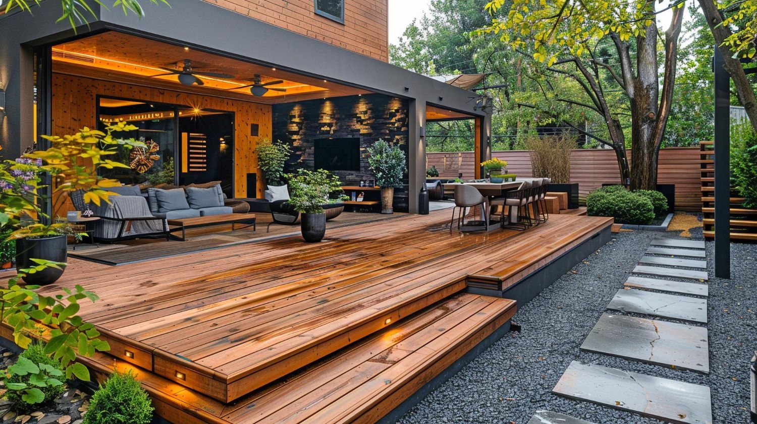 A modern outdoor patio featuring a multi-level wood deck with built-in lights, lounge seating, and a dining area.