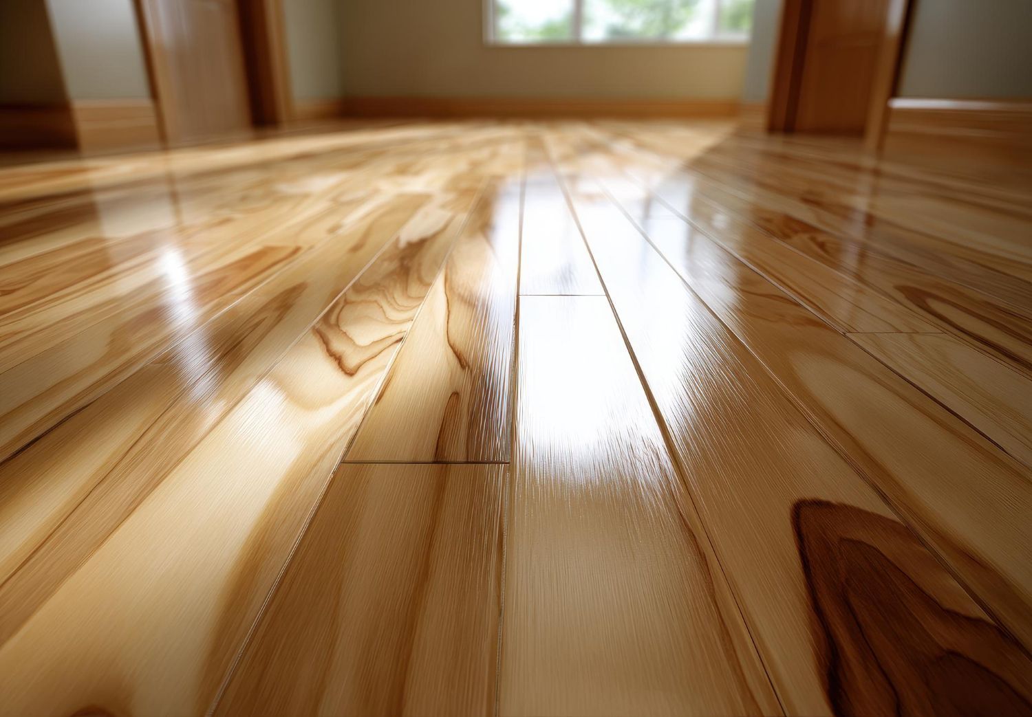 Shiny, light-brown hardwood floor reflecting light from a window, with doorways in the background.