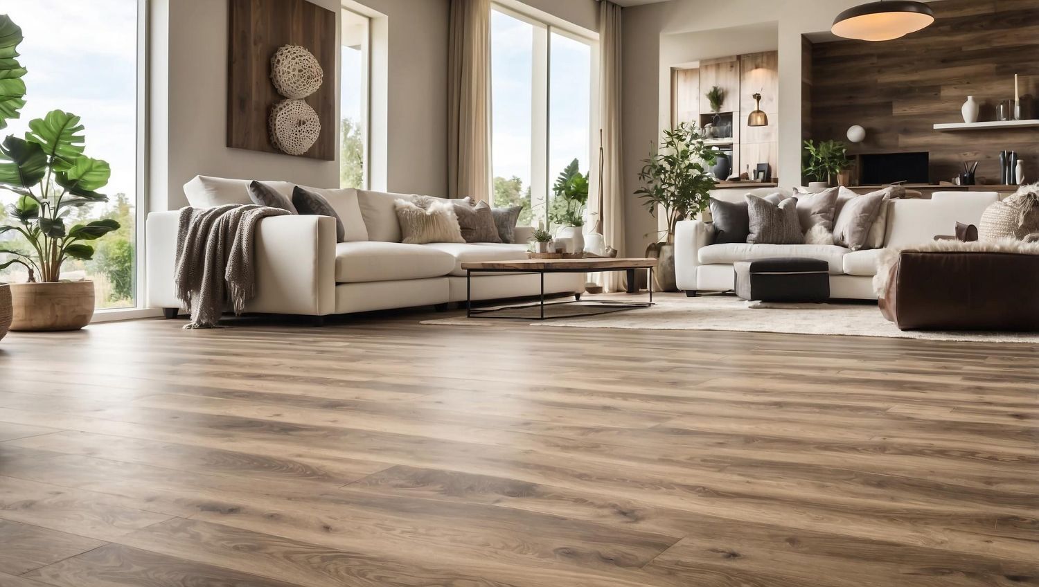 A modern living room with wood flooring, light-colored sofas, and large windows looking out to greenery.