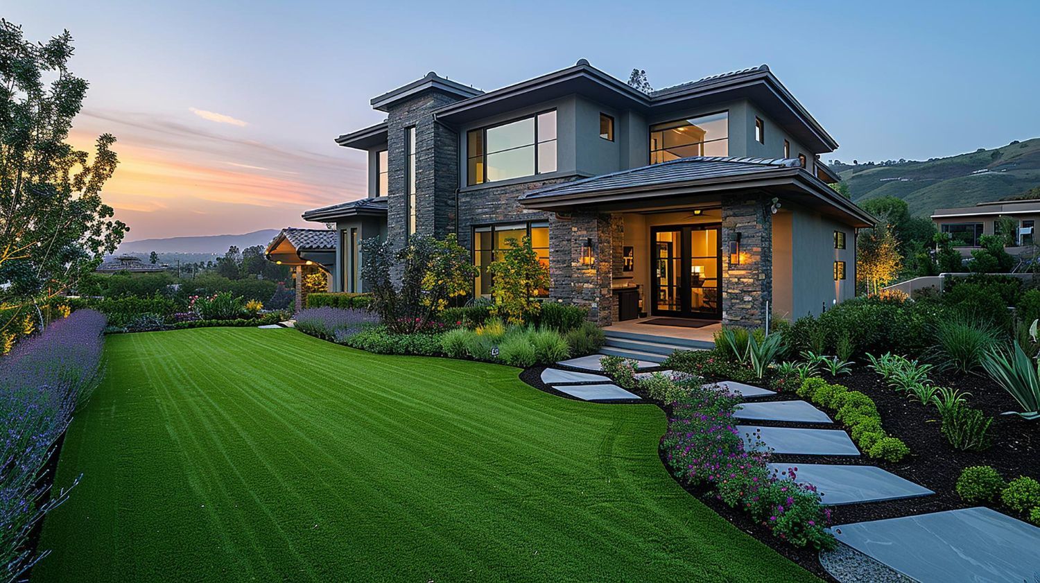 Two-story house with stone facade, manicured lawn, and walkway. Evening sky with hills in the background.